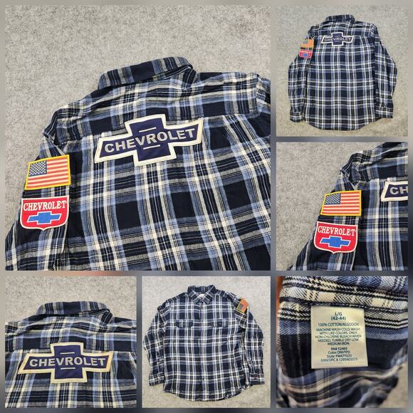 VTG Chevrolet Shirt Mens Large Blue Plaid Flannel Embroiderd Patch Racing USA - Picture 1 of 14